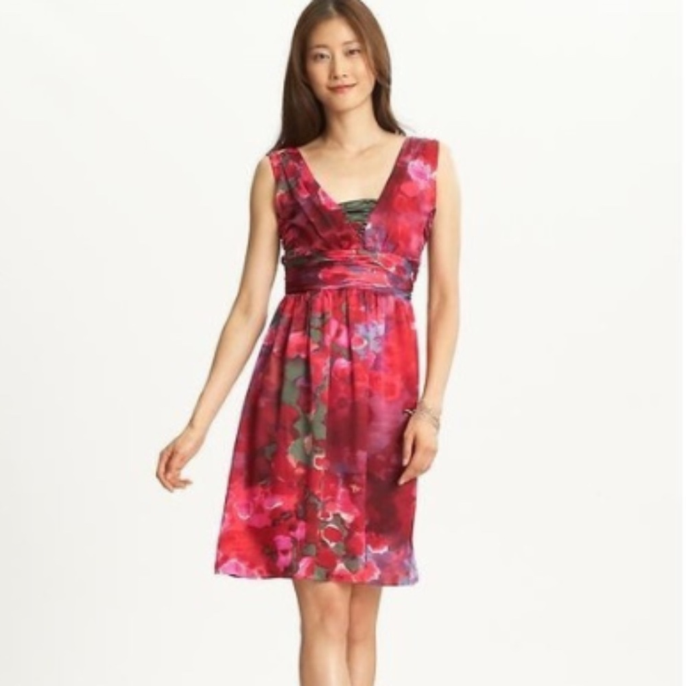 Banana Republic 100% Silk Red Watercolor Floral Dress